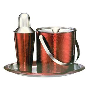 CAMBRIDGE Silversmiths Hammered Red Metallic Ice Bucket, Shaker & Tray Barware S